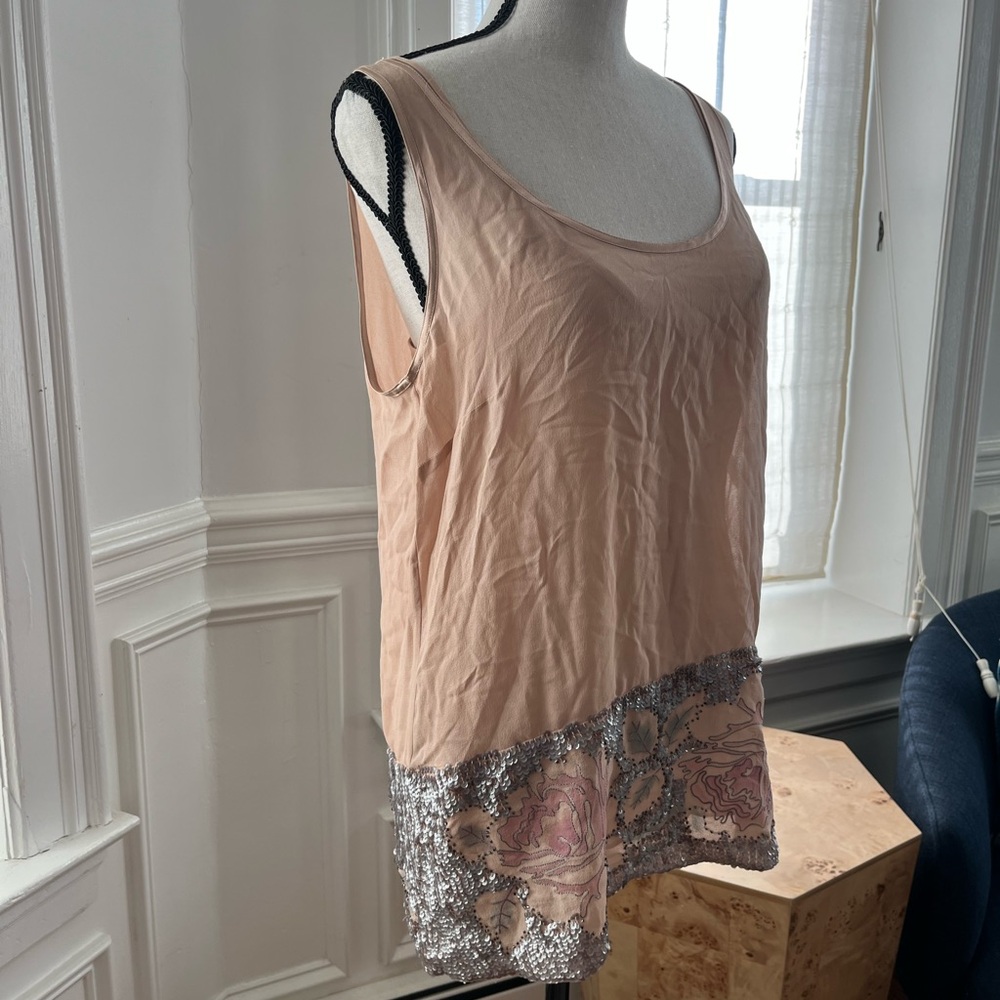 DKNY Peach Tank Top with Silver Sequin Hem